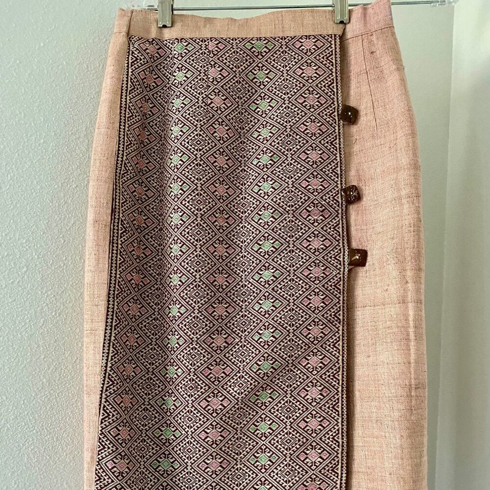 Vintage Thai Linen wrap custom skirt w/ embroidered+ coconut shell buttons lined